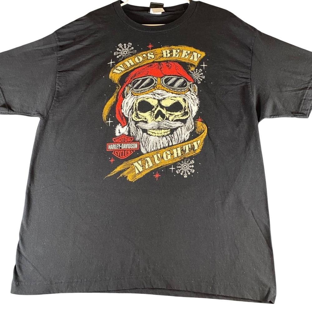 Harley Davidson Mens XLarge Skull Santa Naughty Christmas Graphic TShirt Black